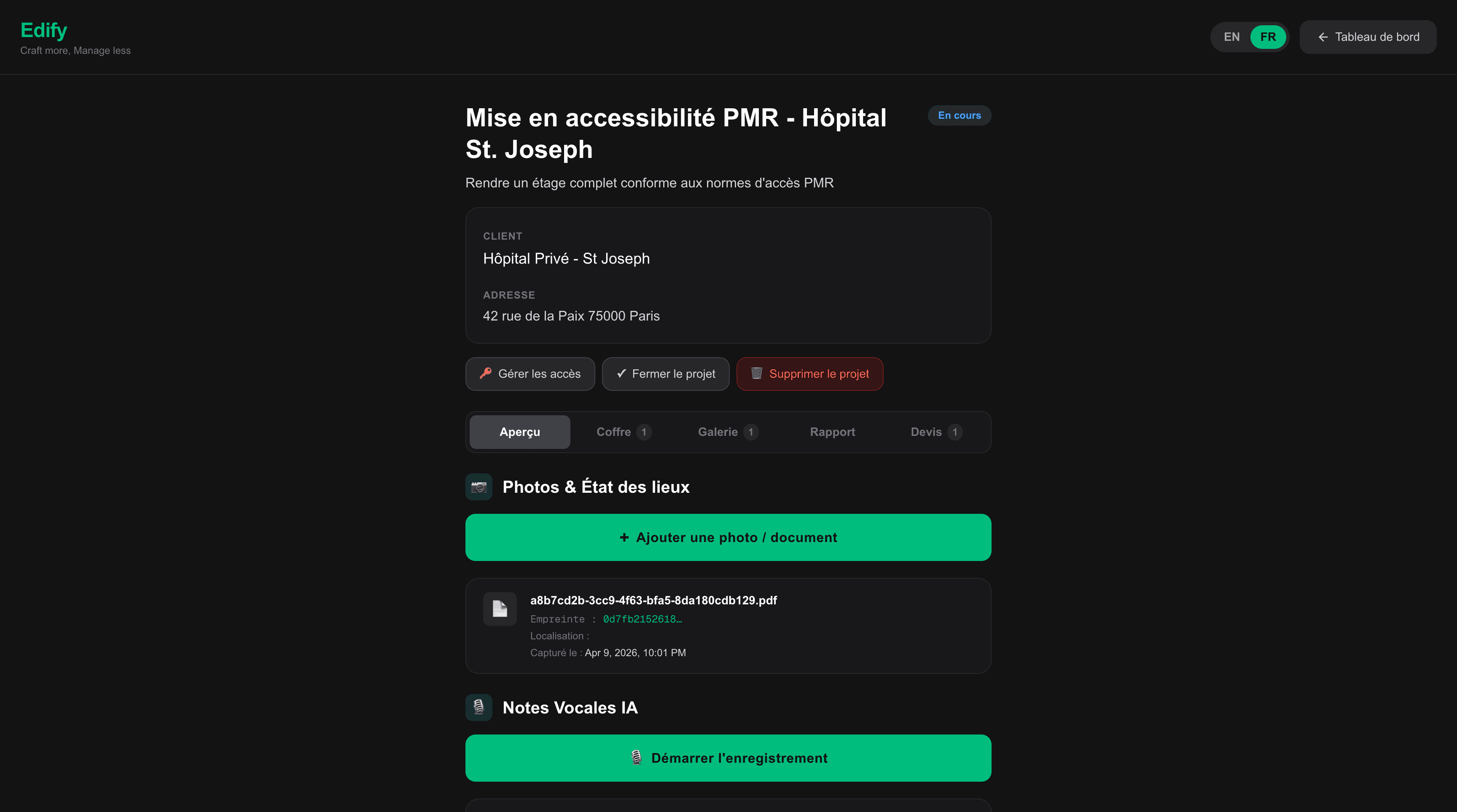 Gérez chacun de vos projet via leur propre interface ergonomique. Créez vos devis en quelques secondes grâce à vos transcription vocale IA.