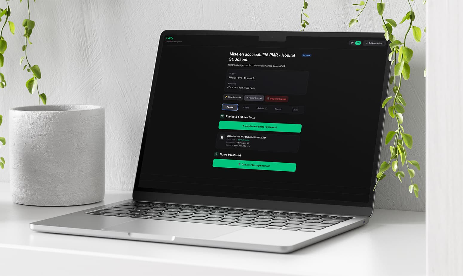 Interface de l'application Edify ERP sur ordinateur